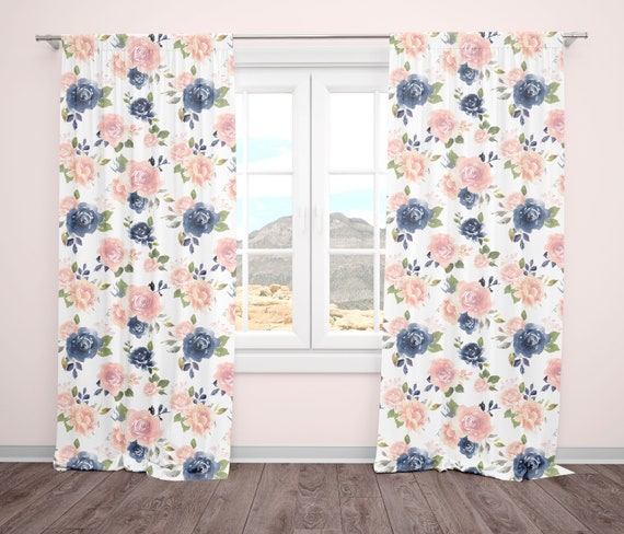 Curtain Panels In Blush Pink And Blue Watercolor Floral For Etsy