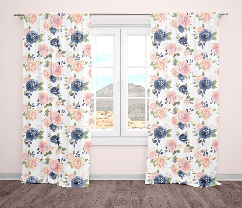 Curtain Panels In Blush Pink And Blue Watercolor Floral For Etsy