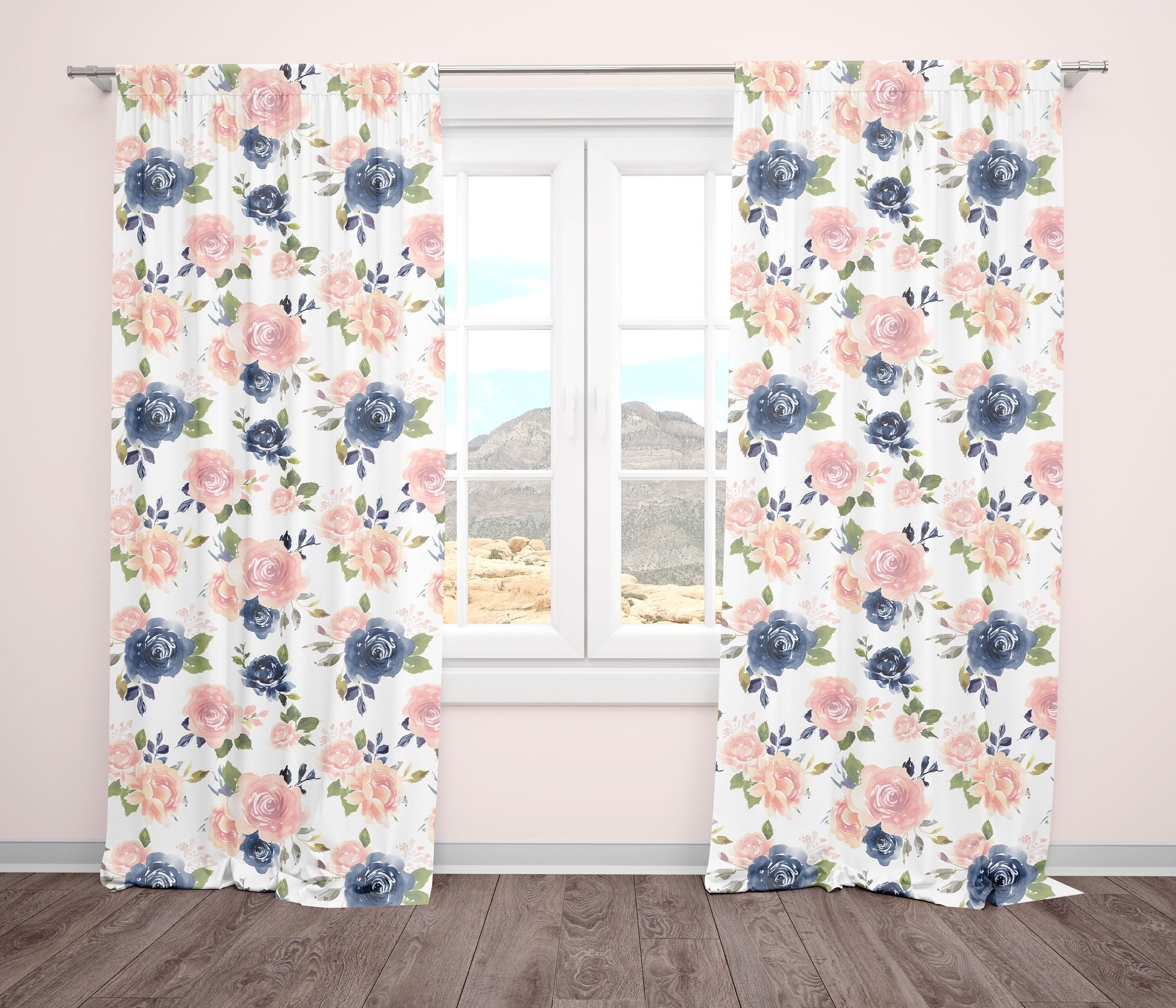 Curtain Panels in Blush Pink and Blue Watercolor Floral for Etsy