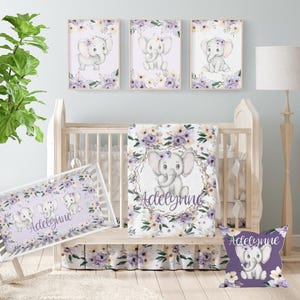Elephant Crib Bedding Set: Purple Floral Safari Nursery, Custom Name Blanket