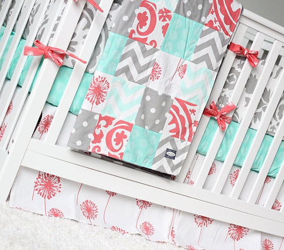 Girl Crib Bedding Set In Mint Coral And Gray Dandelion Etsy