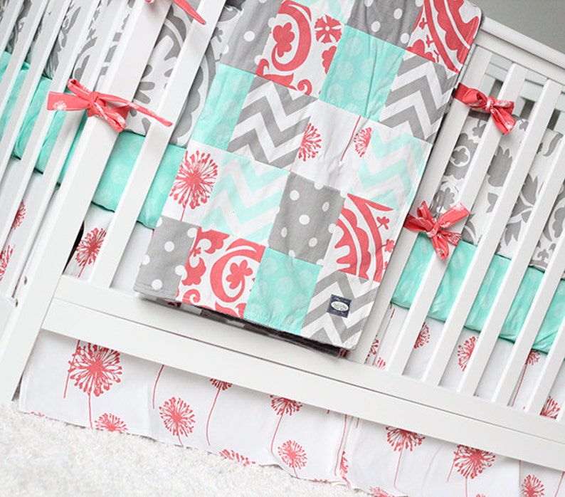 Baby Girl Crib Bedding Set In Gray Coral And Mint Floral Etsy