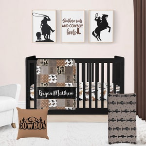Cowboy Crib Bedding Set – Western Baby Boy Nursery in Brown & Neutral, Rustic Baby Blanket, Pillow, Country Baby Shower Gift