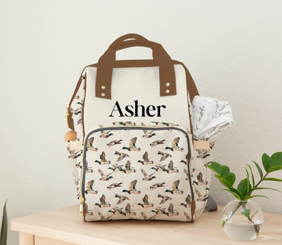 Duck Diaper Bag, Baby Personalized Mallard Duck Diaper Bag Boy, Duck Baby Shower Gift, Custom Baby Name Backpack