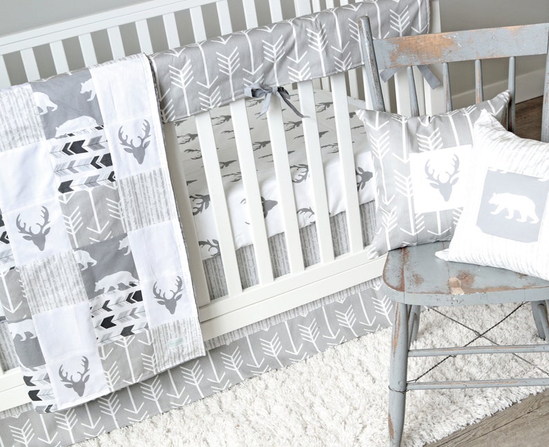 Baby Crib Bedding Set Gray Woodlands Nursery All Gray Baby Etsy