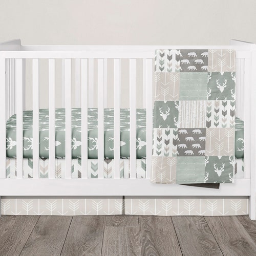 Sage Woodland Nursery Crib Bedding Set Bear and Moose Baby Etsy