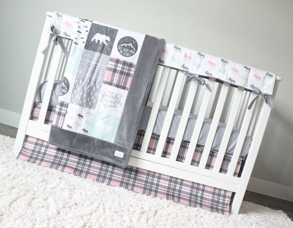 Girl Woodland Crib Bedding Mountains Set Pink Plaid