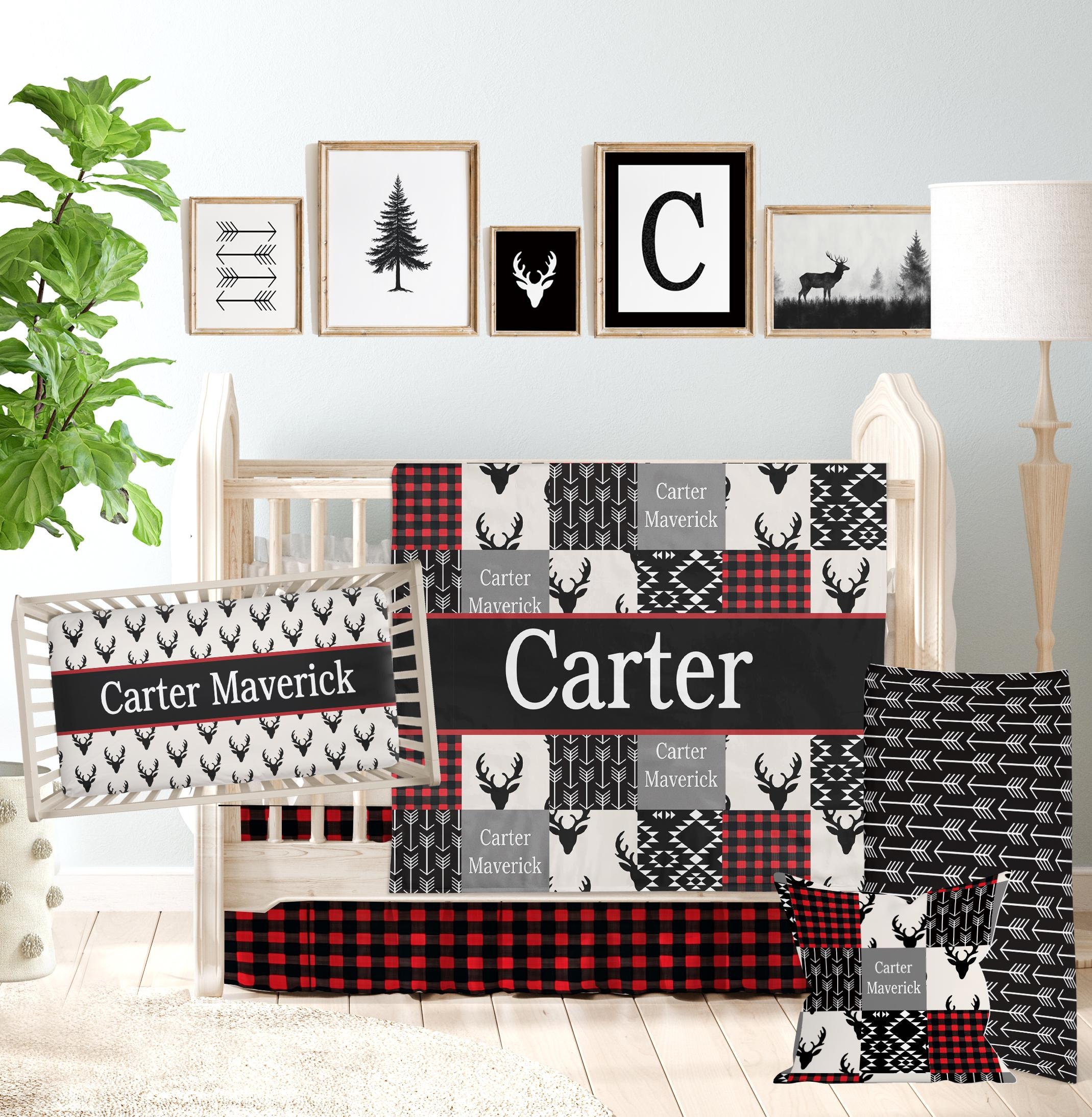 Red Buffalo Plaid Deer Nursery Bedding Etsy