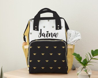Diaper Bag Girl, Bee Backpack Diaper Bag, Personalized Custom Baby Girl Gift, Bumble Bees Backpack Diaper Bag
