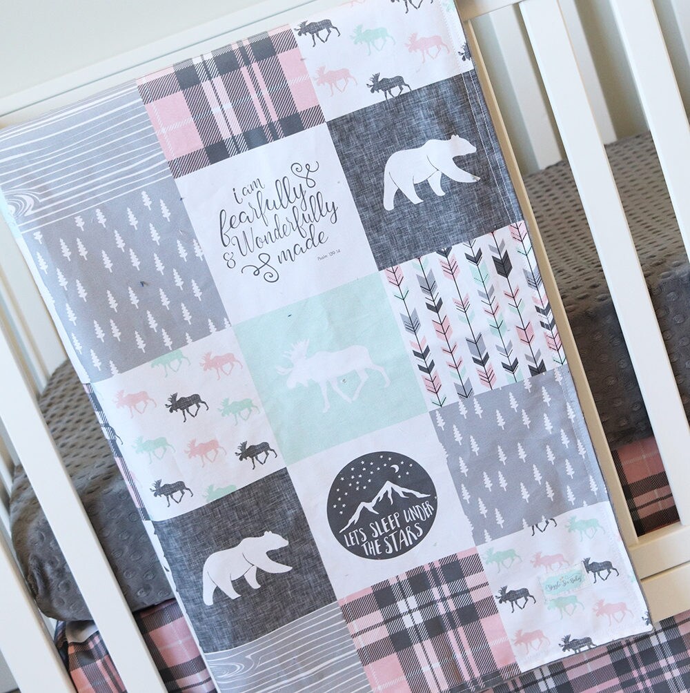 Girl Woodlands Crib Bedding Pink Plaid Crib Skirt Grey Minky Etsy