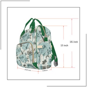 Pode incluir: Uma mochila estampada em verde e azul com fecho de correr e correias ajust&aacute;veis. A mochila mede 46 cm de altura, 38 cm de largura, 27,5 cm de comprimento e 17 cm de profundidade.