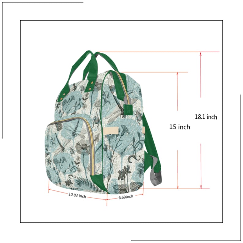Pode incluir: Uma mochila estampada em verde e azul com fecho de correr e correias ajust&aacute;veis. A mochila mede 46 cm de altura, 38 cm de largura, 27,5 cm de comprimento e 17 cm de profundidade.