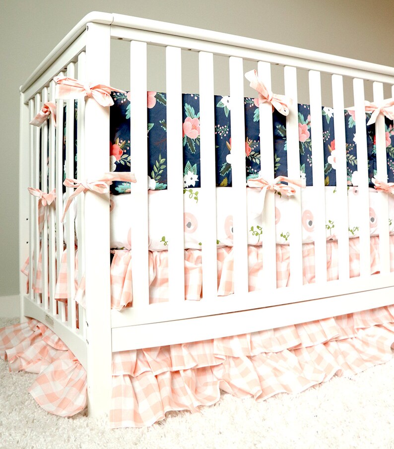 Pink and Coral Flower Bumper Baby Girl Pink and Navy Nursery Navy Floral Crib Bedding Blue Floral Sheet Buffalo Plaid Ruffle Skirt