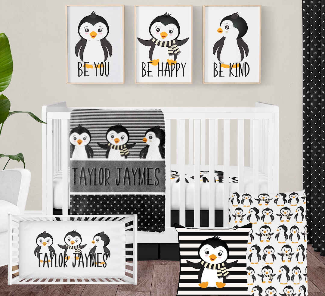 Crib Bedding Set, Penguin Nursery Baby Decor, Black White Gray