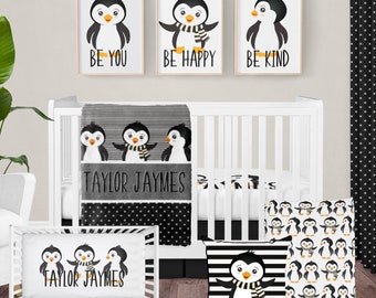 Penguin Nursery Baby Bedding, Personalized Penguins Blanket, Crib Sheet, Throw Pillow and Nursery Decor, Baby Shower Gift