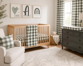 Sage Green Gingham Crib Bedding Set, Baby Boy Nursery Decor, Plaid Crib Sheet, Minky Blanket, Curtains, Art Prints