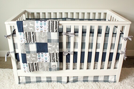 navy blue deer crib bedding