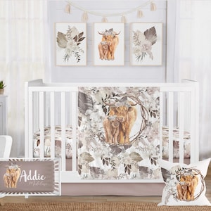 Highland Cow Baby Bedding Set: Minky Blanket, Floral Crib Sheet