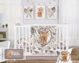 Highland Cow Baby Bedding Set: Minky Blanket, Floral Crib Sheet