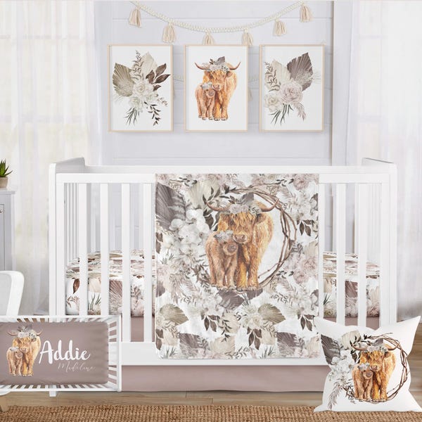 Highland Cow Baby Bedding Set: Minky Blanket, Floral Crib Sheet
