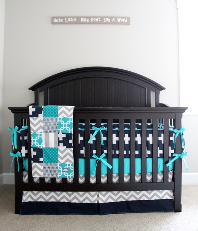 Baby Boy Crib Bedding Set Navy Blue and Teal Nursery Chevron Etsy