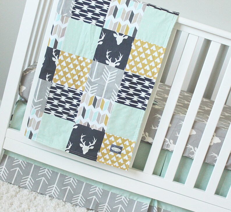 Woodlands Nursery Bedding Mint Navy Blue Mustard Yellow Etsy