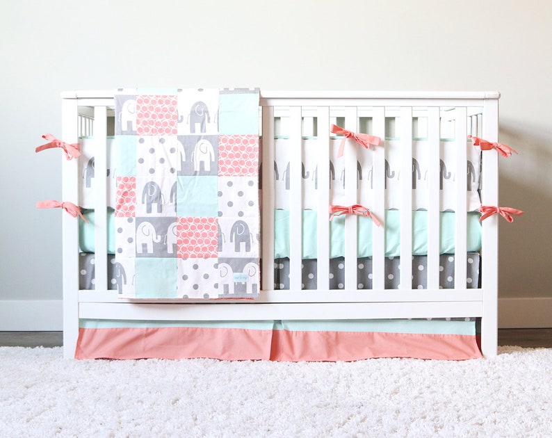 Girl Baby Bedding Crib Set Elephant Nursery Bumper Pad Solid Mint Sheet Polka Dot Skirt Blanket
