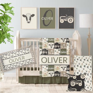 Personalized Farm Nursery Decor: Tractor Baby Blanket & Cow Crib Sheet