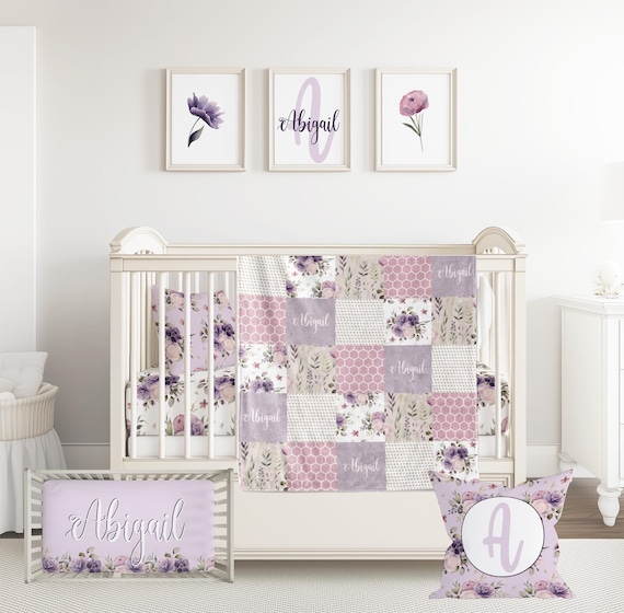 Floral Crib Bedding Set Personalized Purple Baby Blanket, Sheet