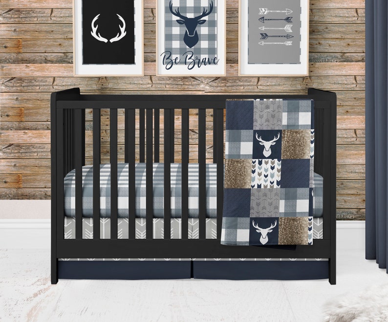 Baby Boy Woodland Crib Bedding Set in Navy Blue and Gray Etsy