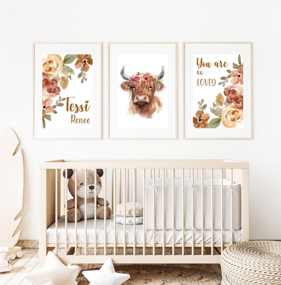 Highland Cow Nursery Art Prints: Floral Baby Girl Decor, Set of 3