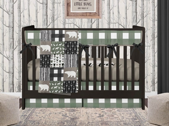 Personalized Plaid Bear Crib Sheet black bear custom crib sheet buffalo plaid bedding custom boys nursery bedding baby shower gift