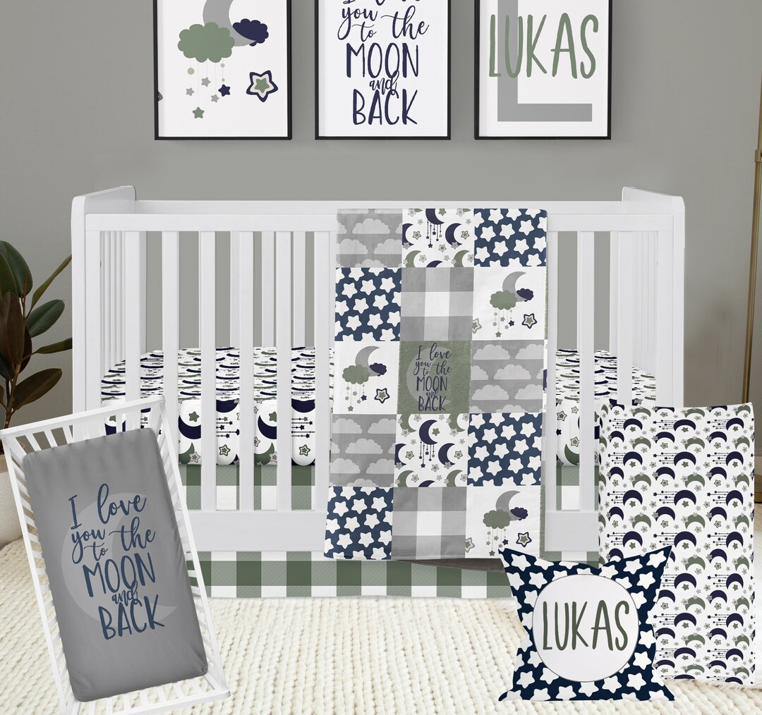 Moon and Stars Nursery Bedding, Baby Boy Crib Bedding Set, I Love You
