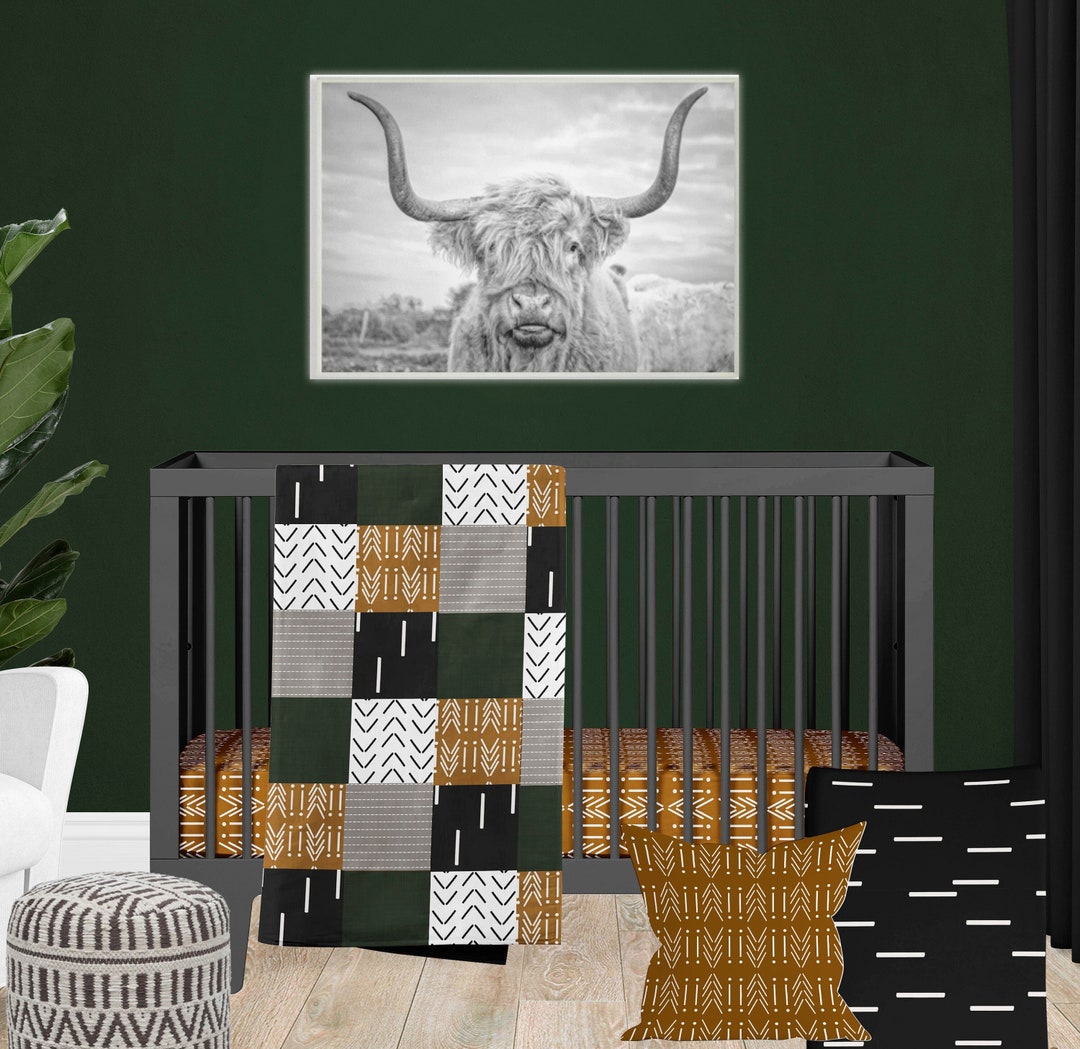 Boho Crib Bedding Set, Nursery Baby Boy Bedding, Gold Black Gray and