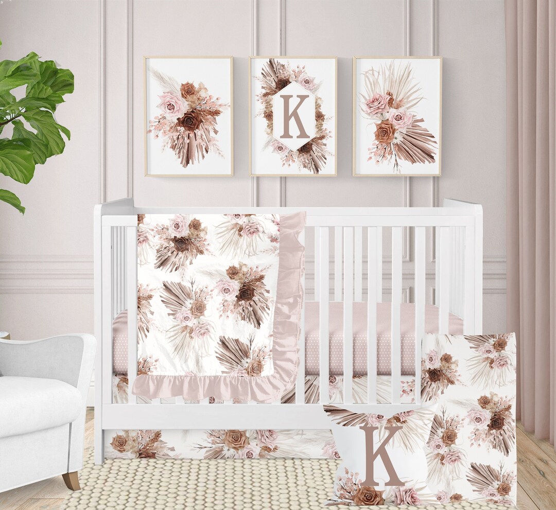 Baby Girl Crib Bedding Set, Boho Floral Nursery Baby Bedding, Pink Roses, Polka Dot Sheet, Crib