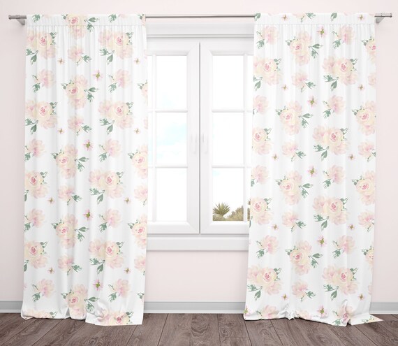 Curtain Panels In Pink And Peach Watercolor Floral For Baby Etsy
