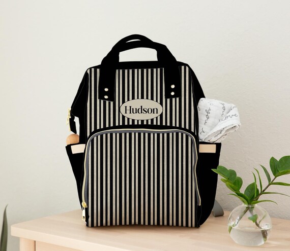 Personalized Diaper Bag Backpack Custom Name Baby Bag Black and Beige Stripes Stylish and Functional Perfect Baby Shower Gift Etsy