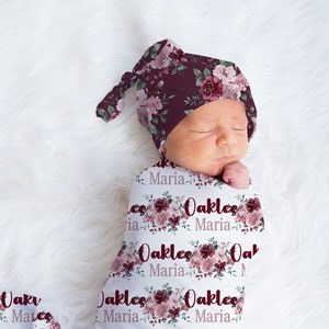 Personalized Floral Baby Swaddle Blanket Set: Newborn Girl Beanie & Headband