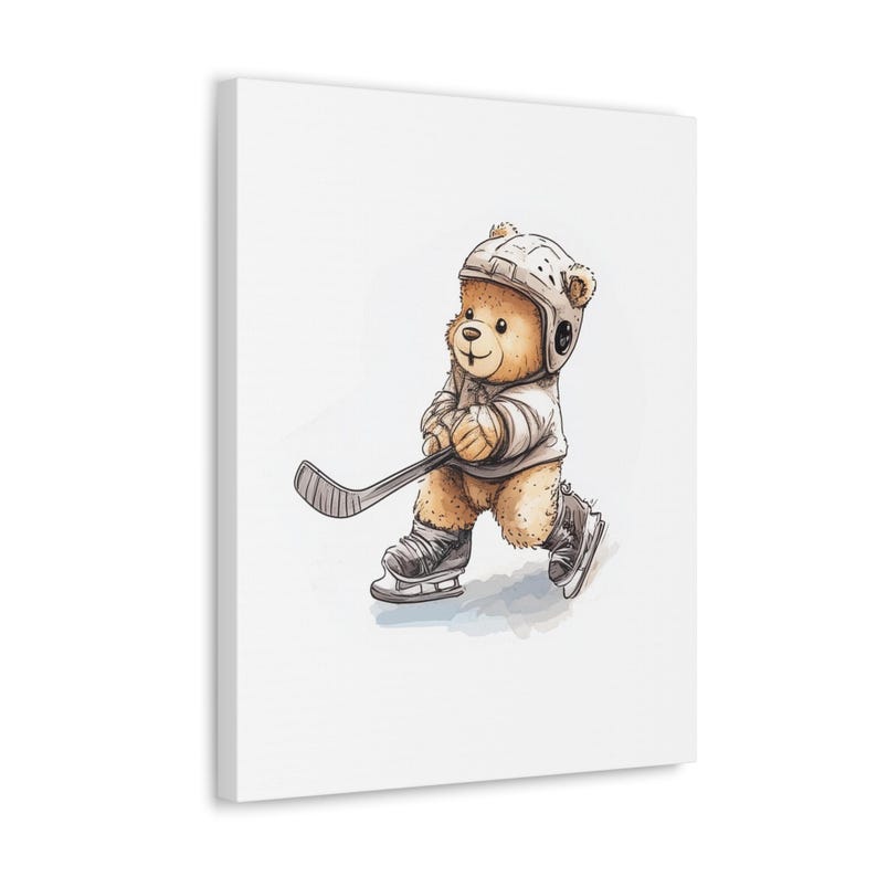 May include: A brown teddy bear wearing a white hockey helmet and holding a hockey stick. The bear is wearing skates and is skating on a white background.