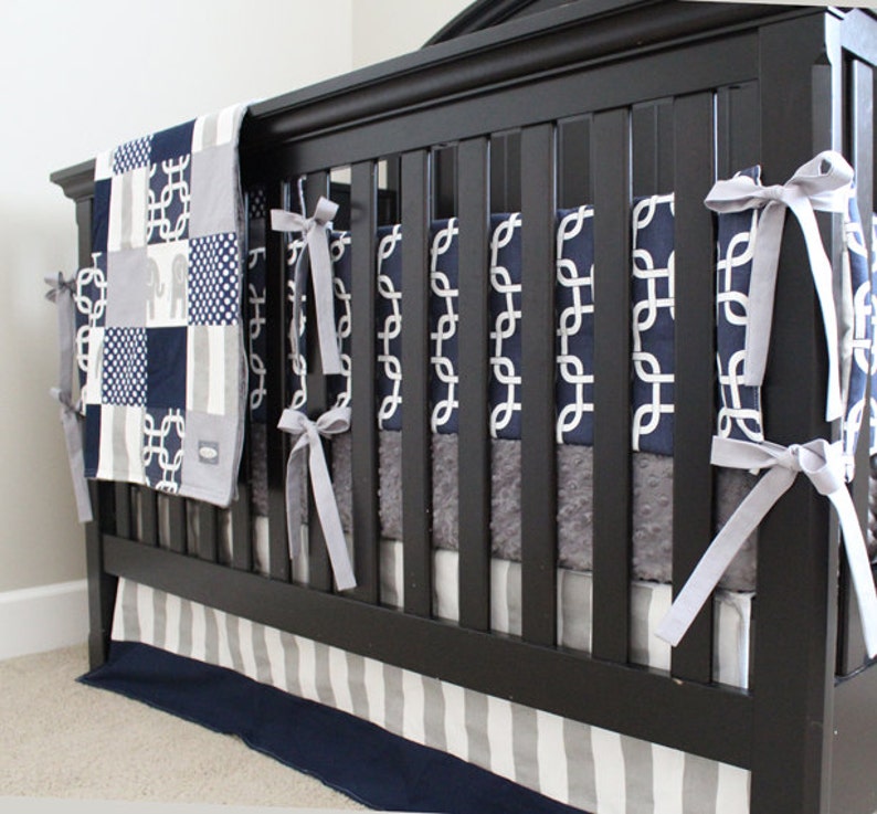 Navy Blue Gray Boy Nursery Bedding Crib Set Modern Geometric Etsy