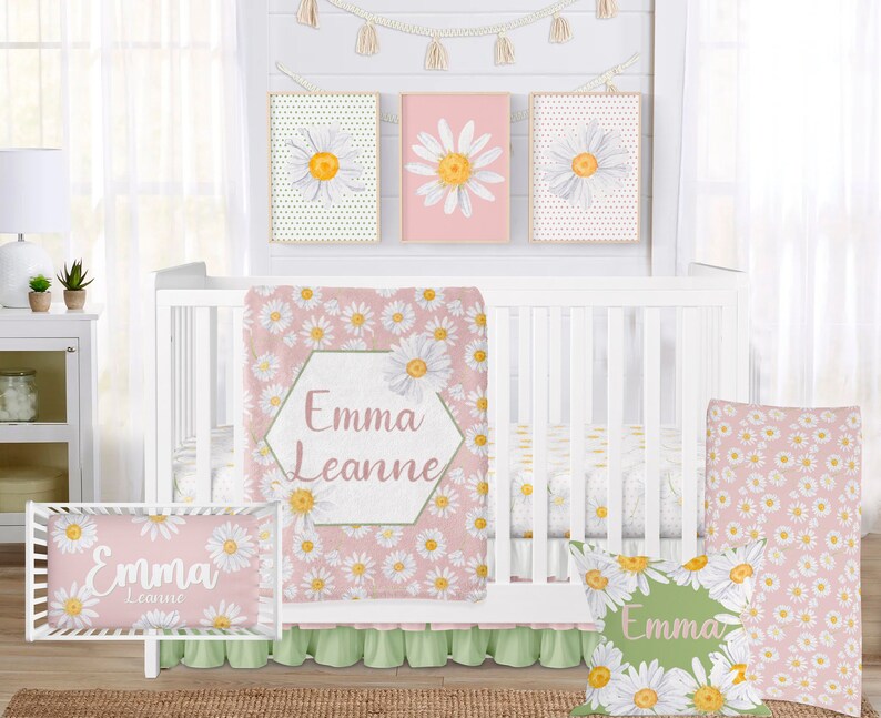 Daisy Crib Bedding Baby Girl Pink and Green Floral Daisies Etsy