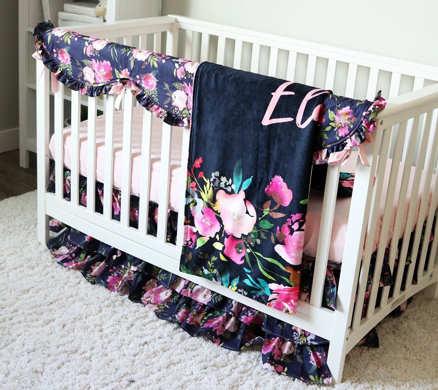 navy and pink crib bedding