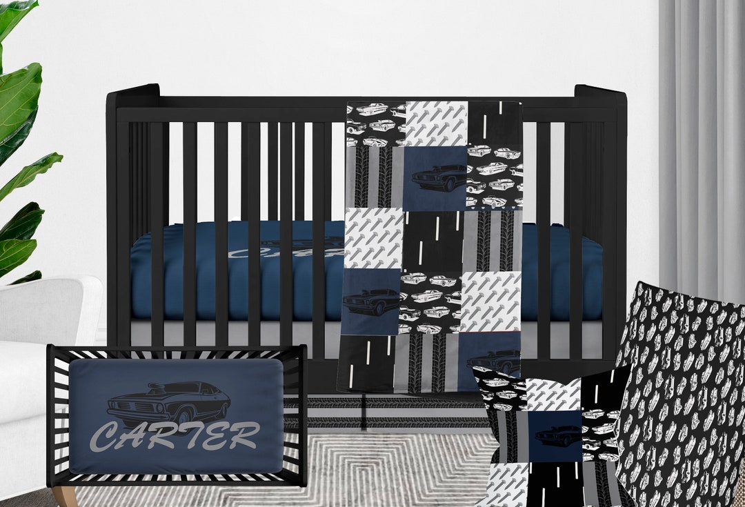 Car Boy Crib Bedding Set, Classic Cars Nursery Theme, Blue Gray Black