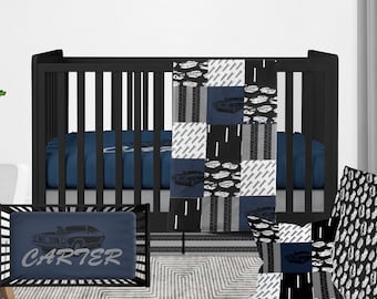 Car Boy Crib Bedding Set, Classic Cars Nursery Theme, Blue Gray Black Baby Boy Nursery Bedding