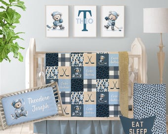Hockey Crib Bedding Set: Blue Teddy Bear Nursery Decor, Personalized Baby Boy Gift
