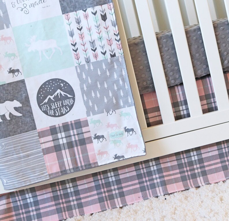 Girl Woodlands Crib Bedding Pink Plaid Crib Skirt Grey Minky Etsy