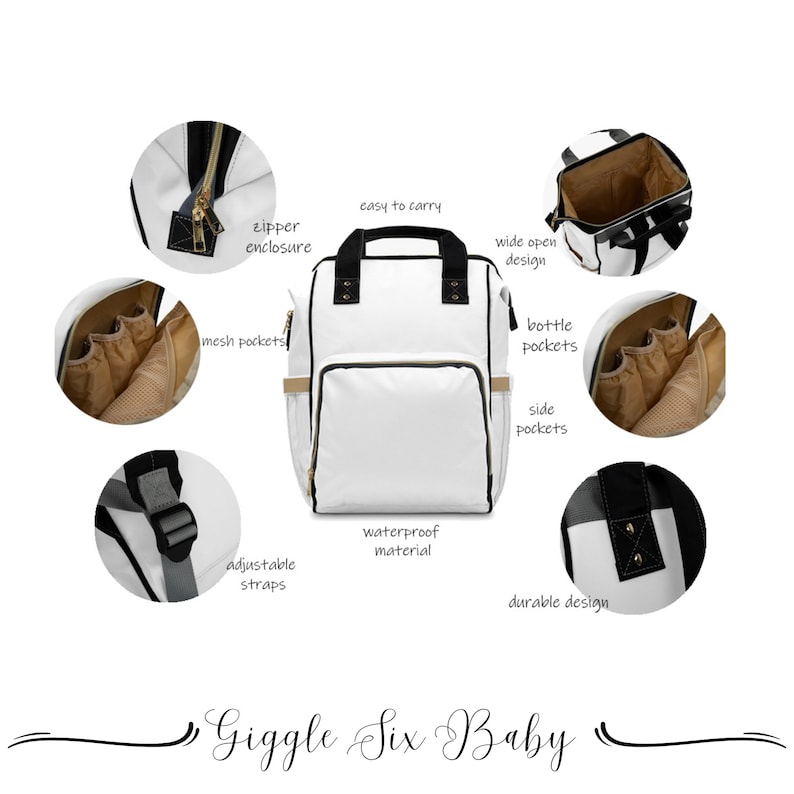 May include: White diaper bag backpack with black accents and gold zipper pulls. Features include adjustable straps, side pockets, bottle pockets, mesh pockets, and a wide open design. The bag is waterproof and durable.