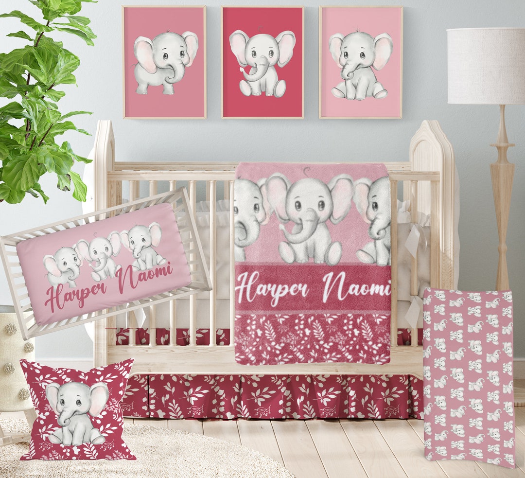 Crib Bedding Set Elephant, Baby Girl Pink Bedding, Personalized Baby