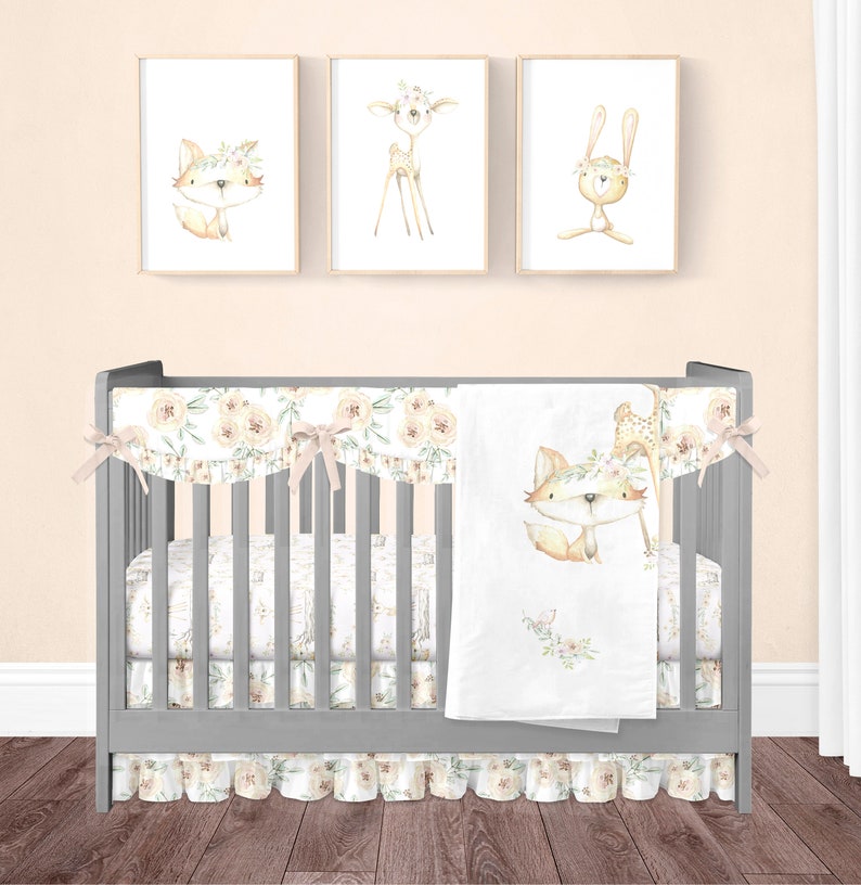 Fox Girl Crib Bedding Set Baby Woodland Nursery With Peach Fl Ruffle Skirt And Scalloped Rail Guard Cover Bunny Deer Blanket