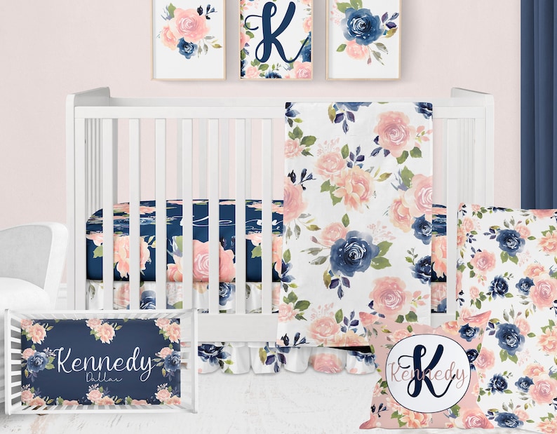 Crib Bedding Set Girl, Floral Nursery Bedding, Pink and Navy Blue Baby Girl Crib Bedding Set, Personalized Baby Decor image 1